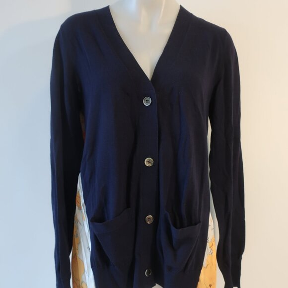 Women Sacai Navy Multicolor World Map Mixed Media Knit V-Neck Cardigan Sweater L - Picture 3 of 11